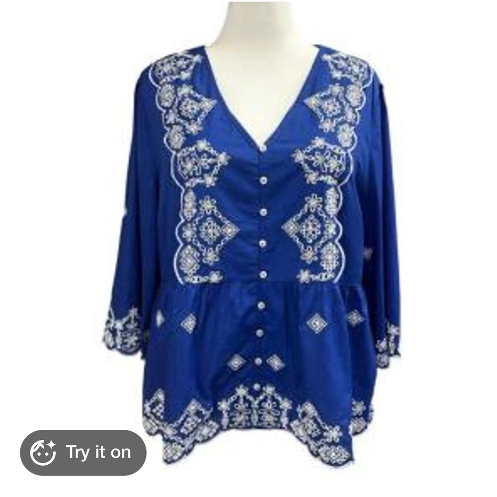 Soft Surroundings Royal Blue Embroidered Peplum Blouse V-Neck Button Front 1X